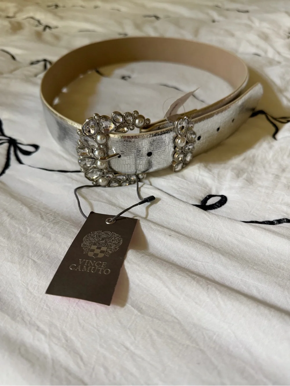 Vince Camuto Metallic Silver Leather Belt with Crystal & Pearl Buckle
